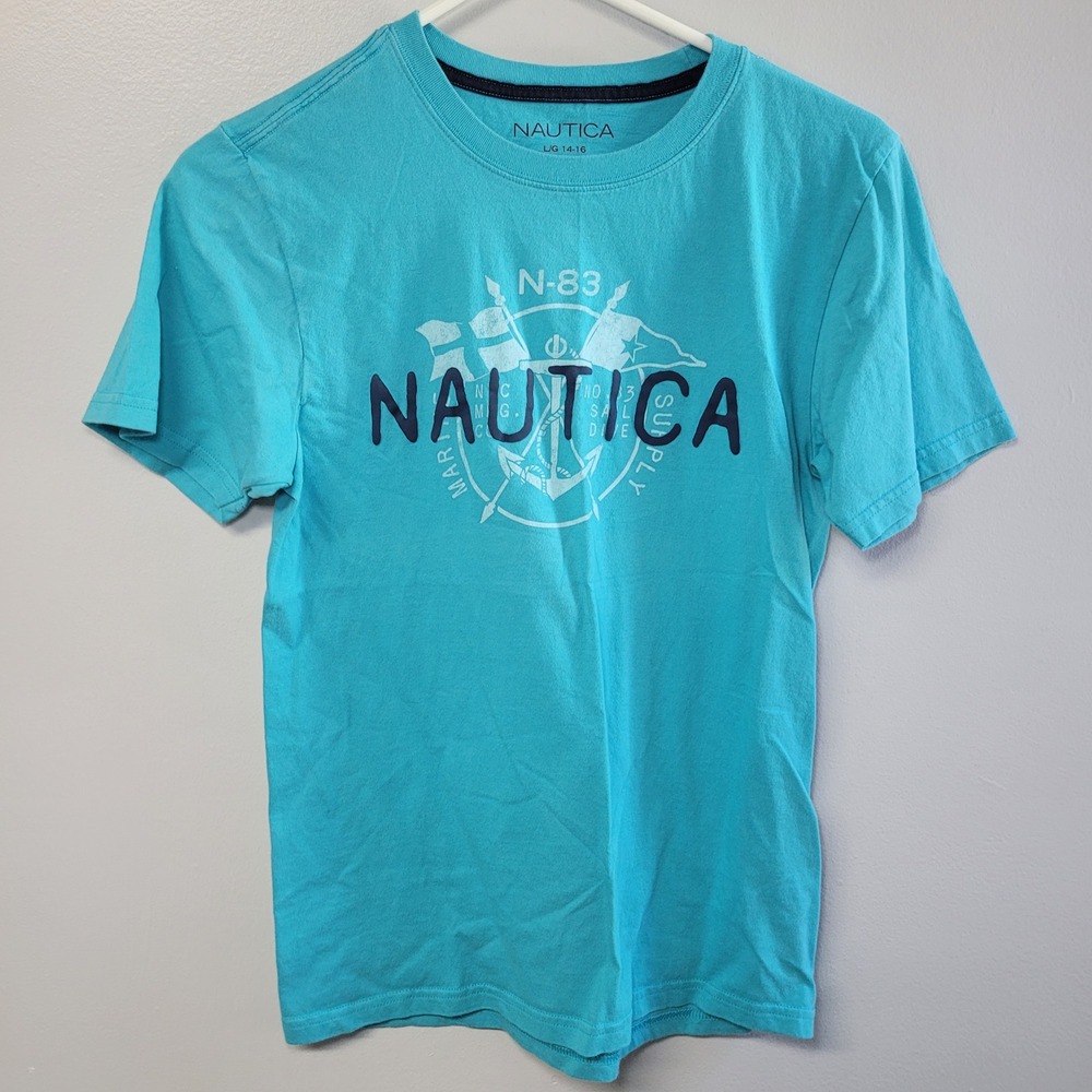 Boys Nautica Shirt Blue Graphic Tee N-83 Maritime Supply Large 14-16‎